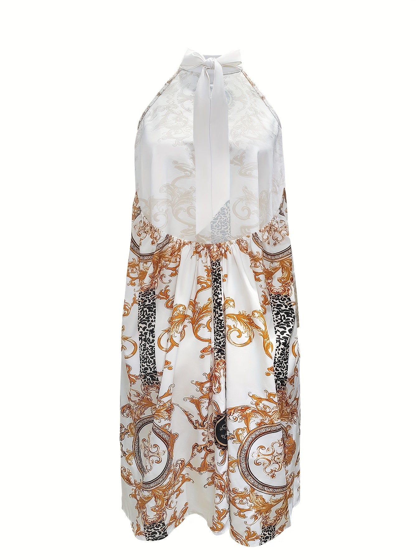 Elegant Backless Halter Neck Dress, Polyester Blend, Woven A-Line Mini Dress with Printed Pattern for Women, Spring/Summer, Cute Dresses